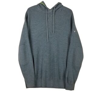 G/FORE Mens 100% Wool Knit Hoodie Sweater Blue Grey Elbow Patches Size L